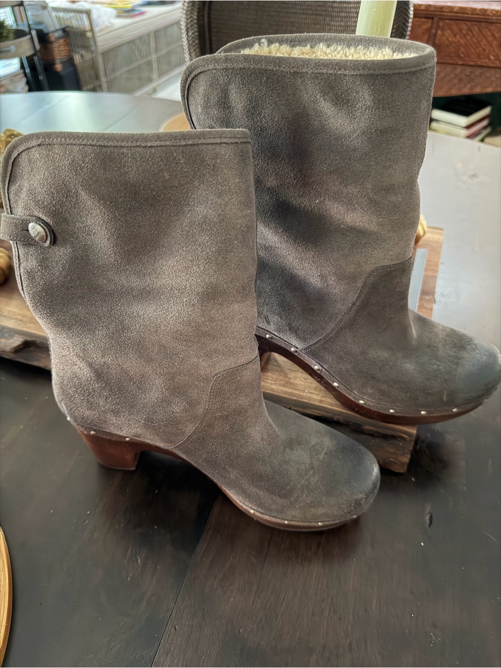 UGG Suede Mid-Calf Grey Women's Boots with Studded Sol